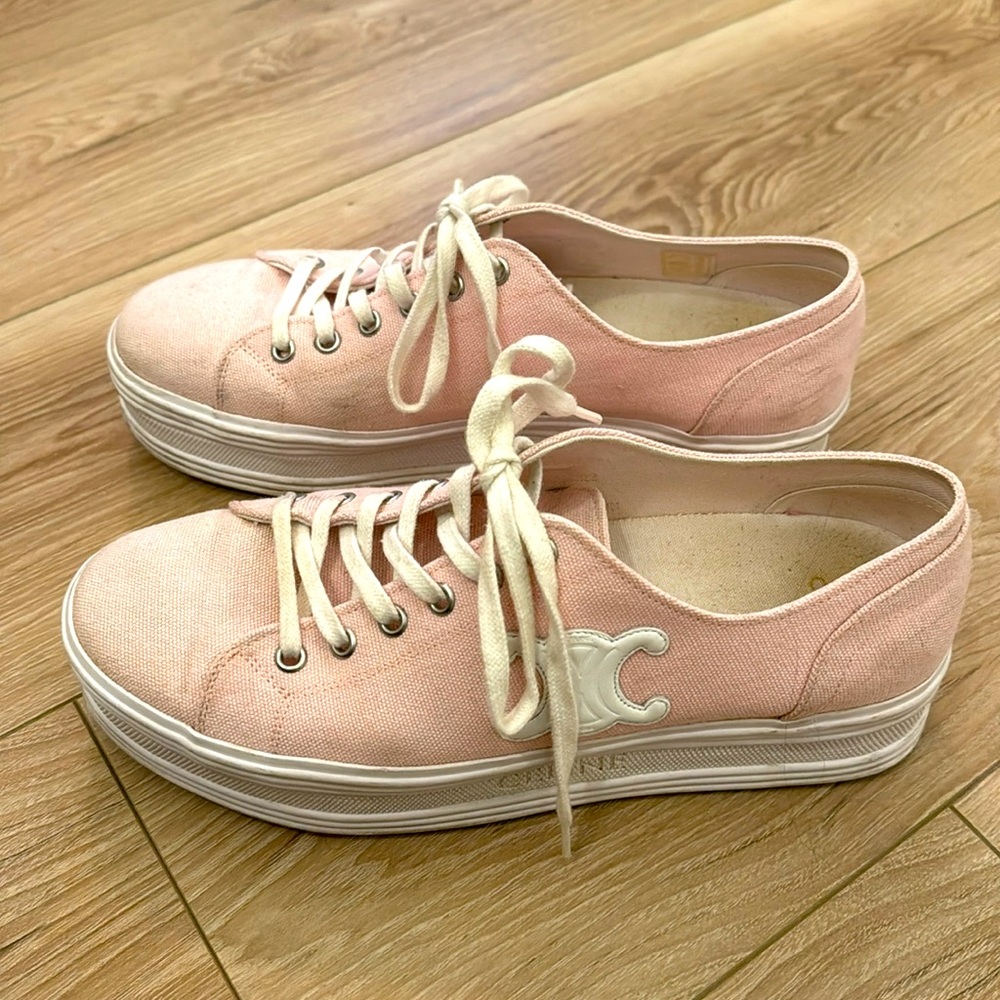 Celine size 40 / 9.5 pink triomphe canvas platform sneakers
